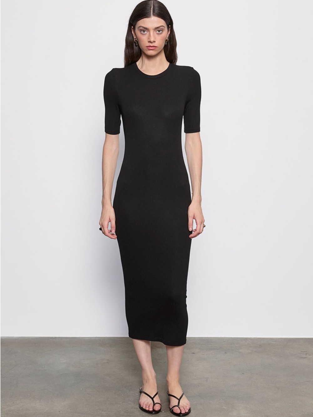 Enza Costa Silk Rib Half Sleeve Midi Dress Black Women’s Size S